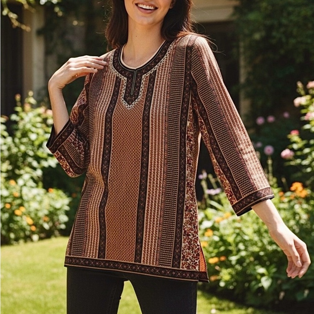 Bohemian Patterned Printed Scoop Neck Kurti Tunic Top Women's Size Small